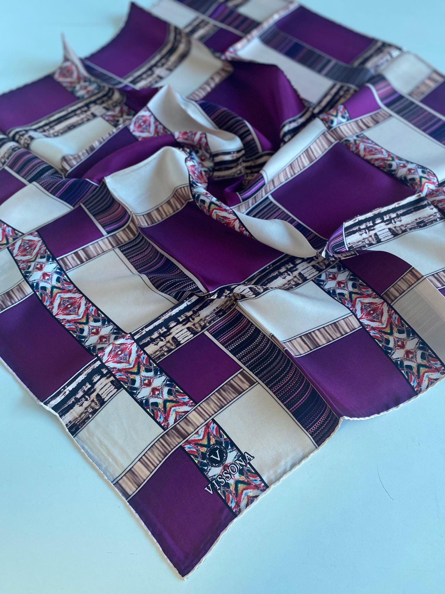 Vissona Tivil İpek Eşarp 17591 - 0026 Pembe Mor Soyut Desen