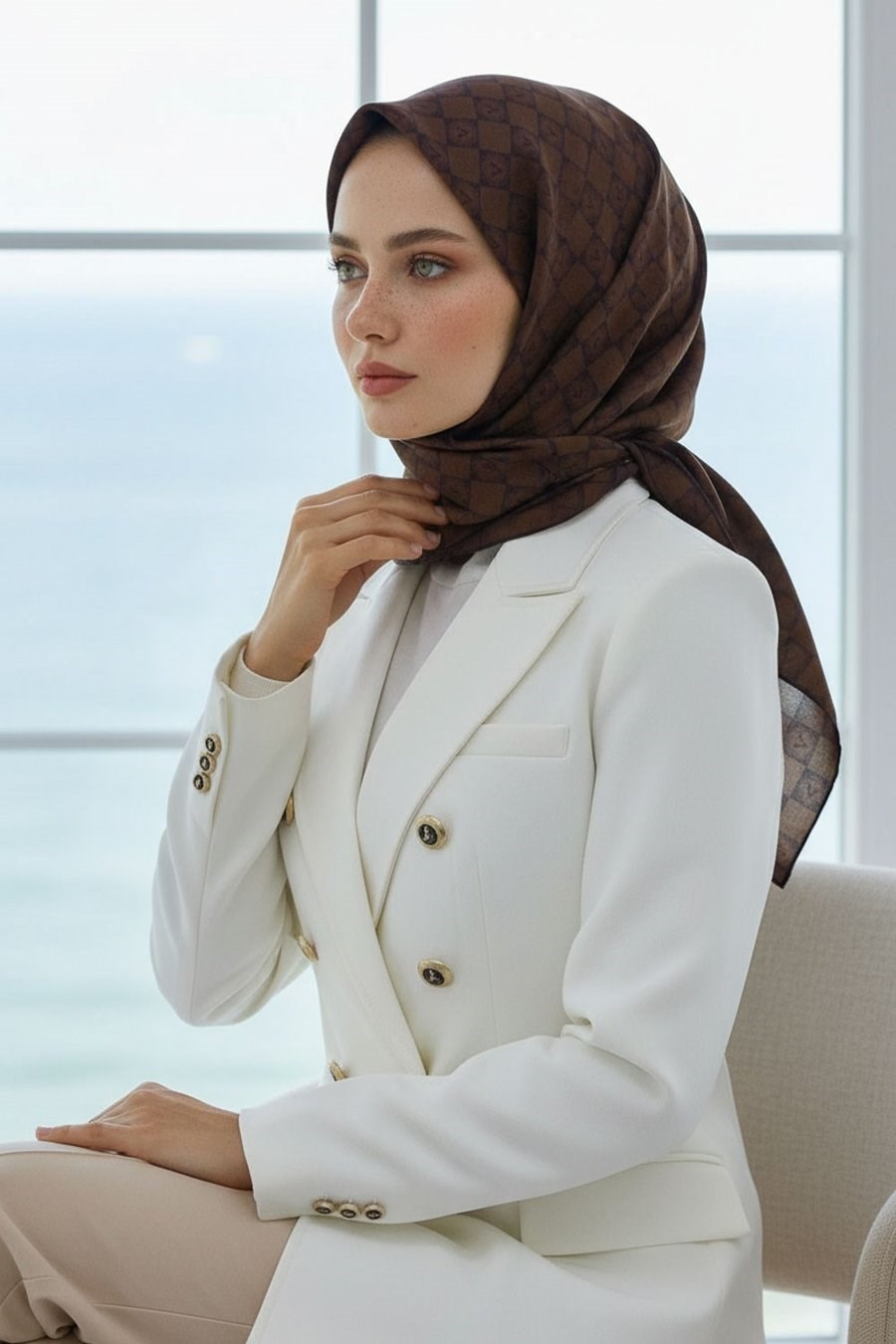 Vissona Tivil İpek Eşarp 51495 - 6 - 0007 Kahverengi Logo Desen