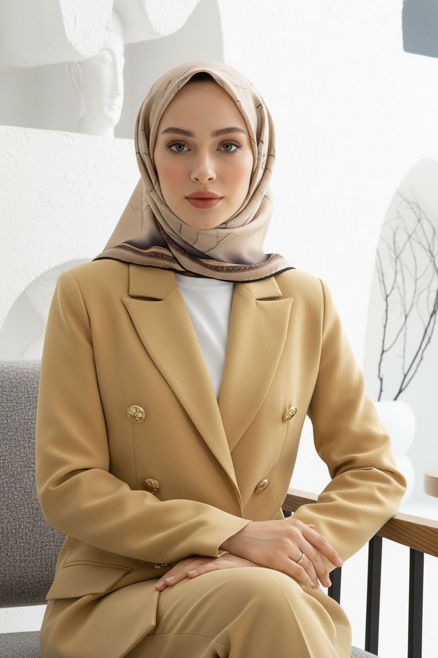 Vissona Tivil İpek Eşarp 60307 - 2 - 0004 Bej Mermer Desen