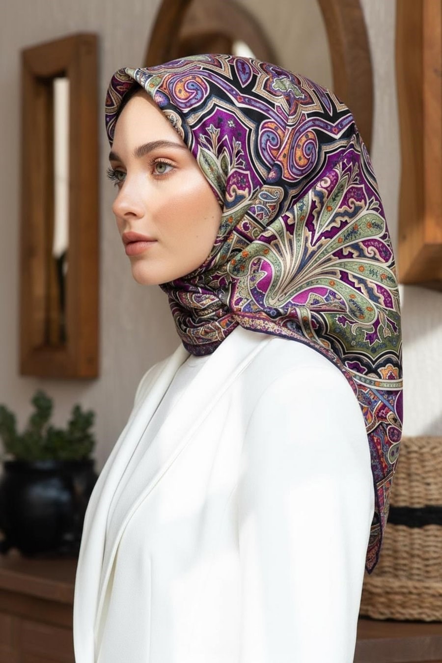 Vissona Tivil İpek Eşarp 60864 08 Lacivert Haki Etnik Desen