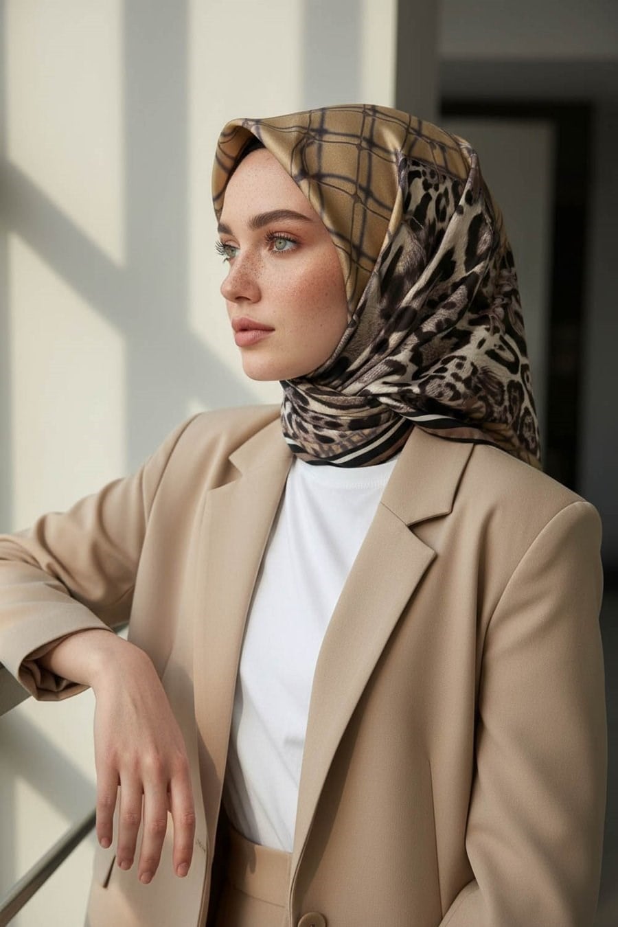 Vissona Tivil İpek Eşarp 60991 06 Bej Renkli Leopar Desen