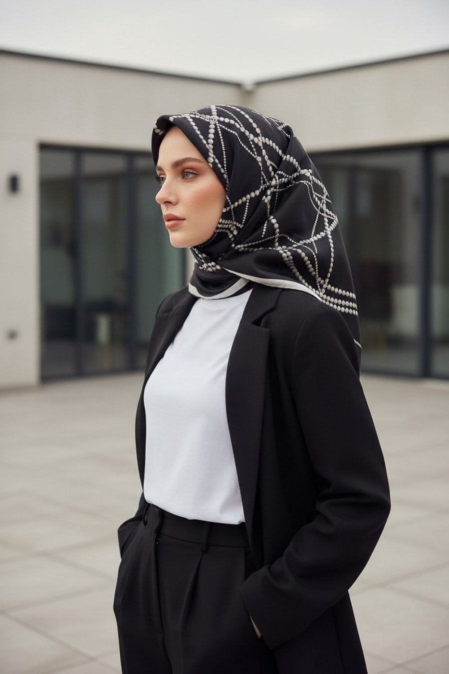 Vissona Tivil İpek Eşarp 61123 01 Siyah Beyaz İnci Desen