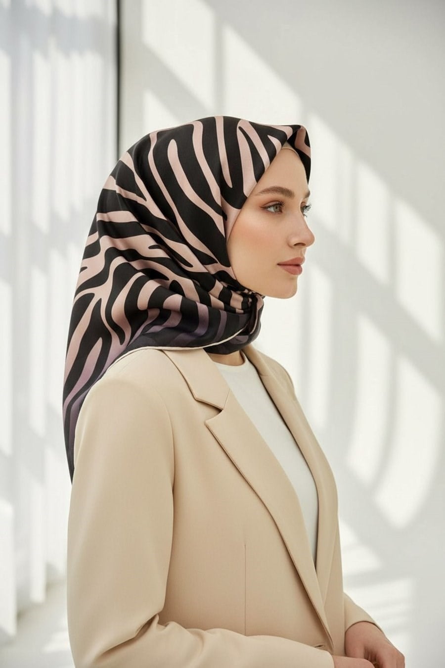 Vissona Tivil İpek Eşarp 6259 - 7 - 0019 - 0001 Pudra Siyah Zebra Desen  Desen