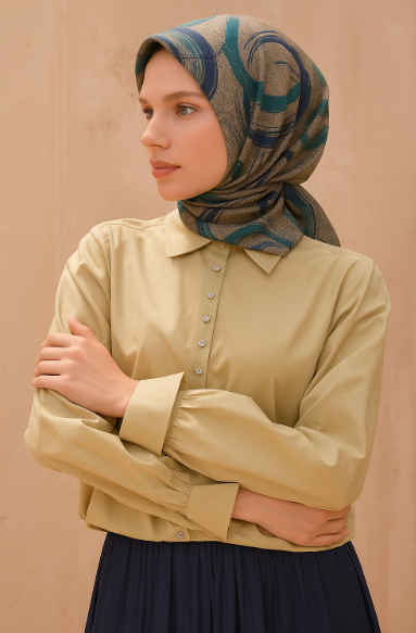 Vissona Twill Silk Scarf 7405 - 0004 - 0032 Brown Sax Fleece Pattern