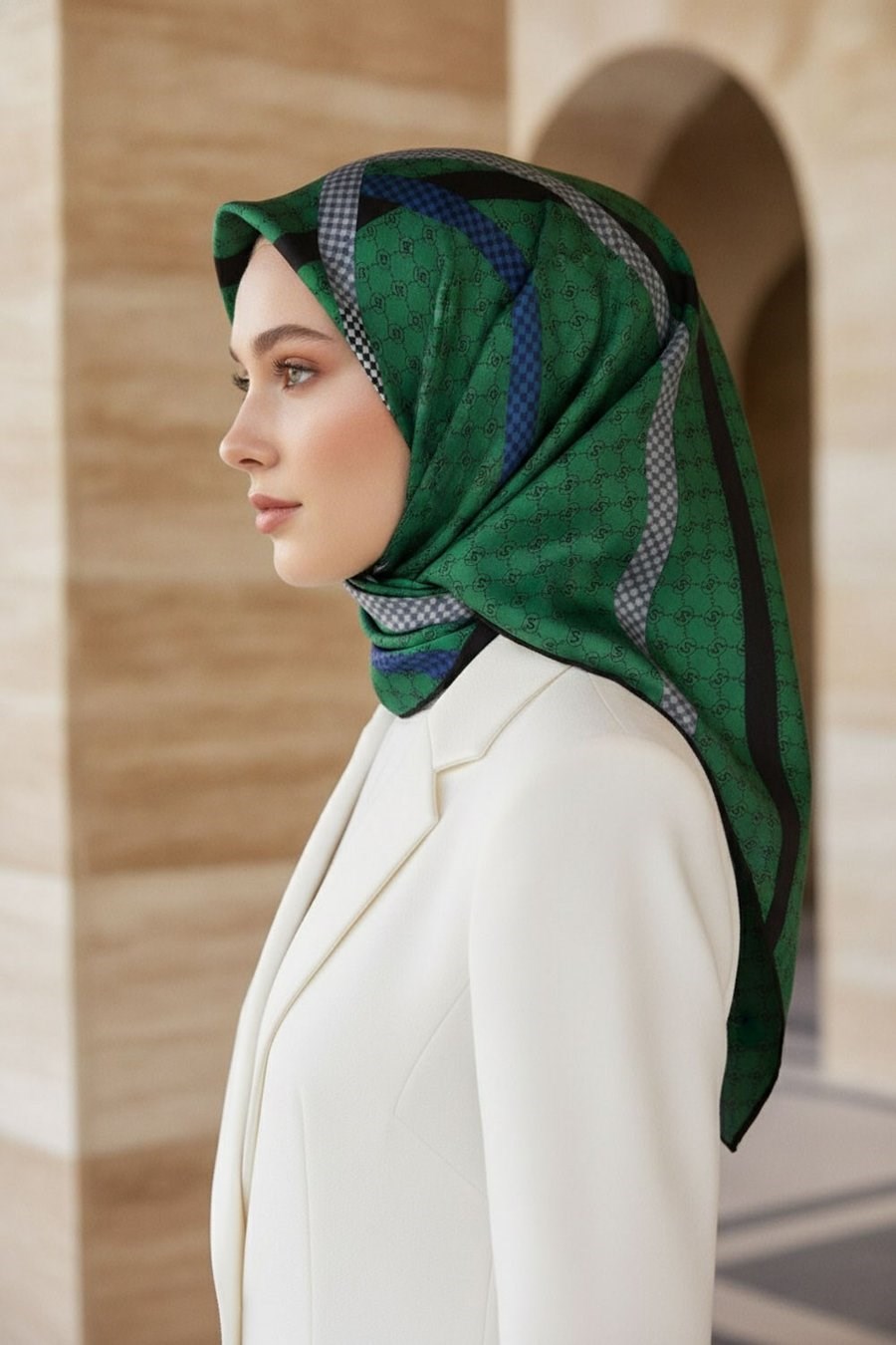 Vissona Tivil İpek Eşarp DGN50346 - 0036 - 0001 Yeşil Siyah Monogram Desen