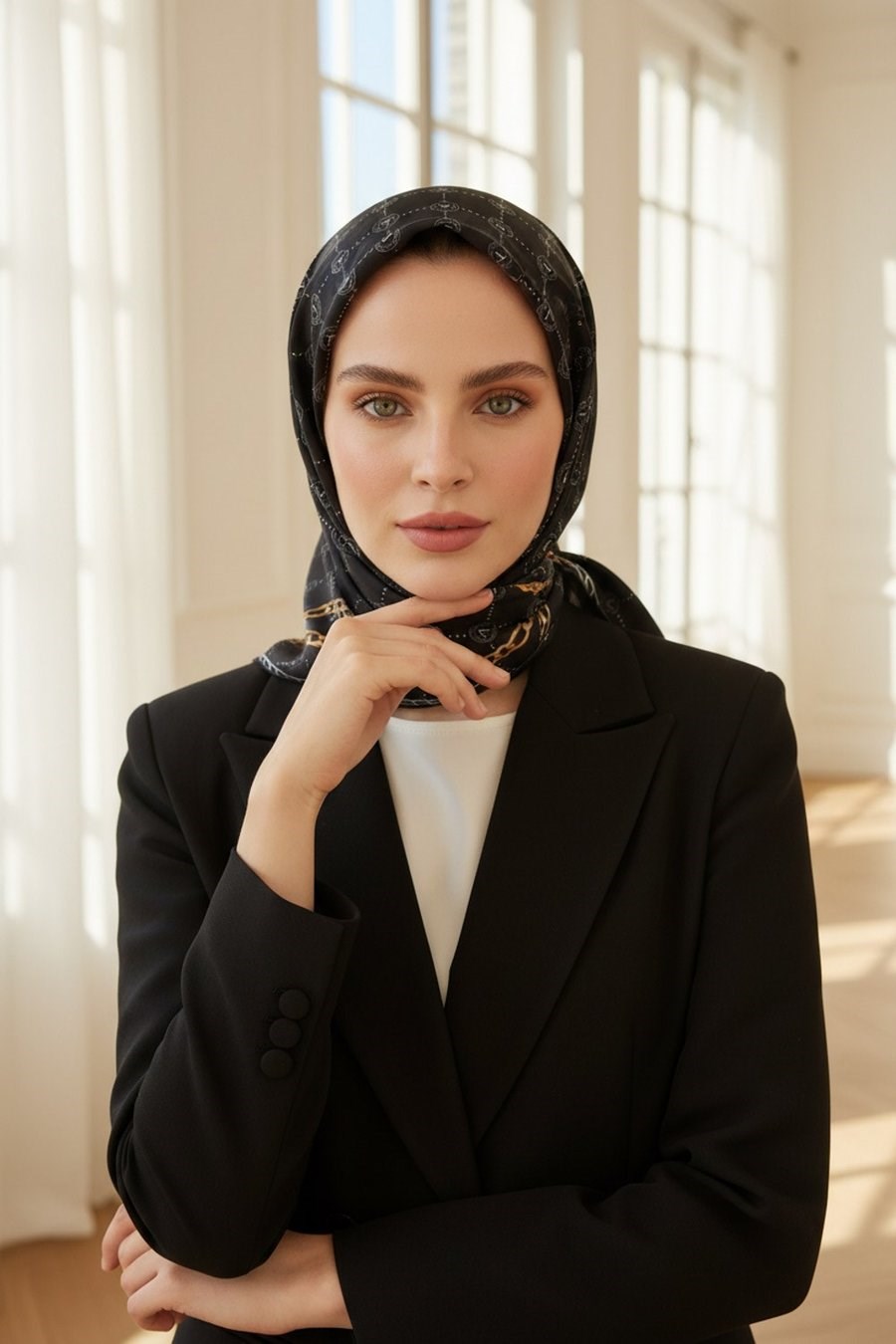 Vissona Tivil İpek Eşarp DGN51333 - 1 - 0001 - 0003 Siyah Krem Monogram Desen
