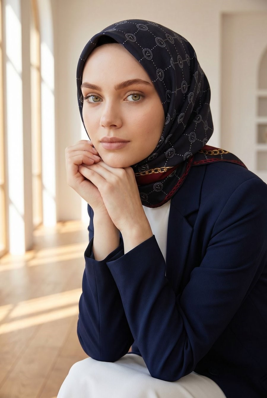 Vissona Tivil İpek Eşarp DGN51333 - 9 - 0033 - 0018 Lacivert Bordo Monogram Desen