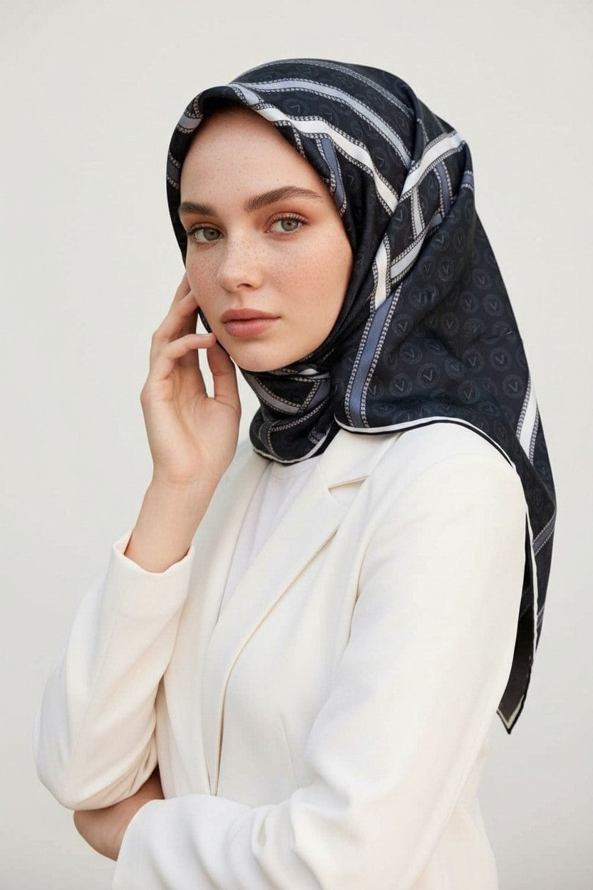 Vissona Tivil İpek Eşarp Siyah Gri 10626 04 Şeritli Monogram Desen