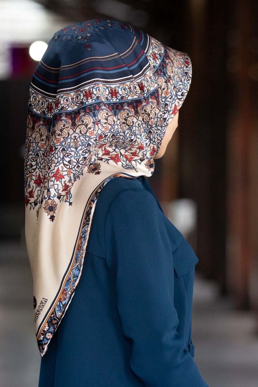 Vissona Twill İpek Eşarp 17547 - 9 - 0033  Lacivert Etnik Desen
