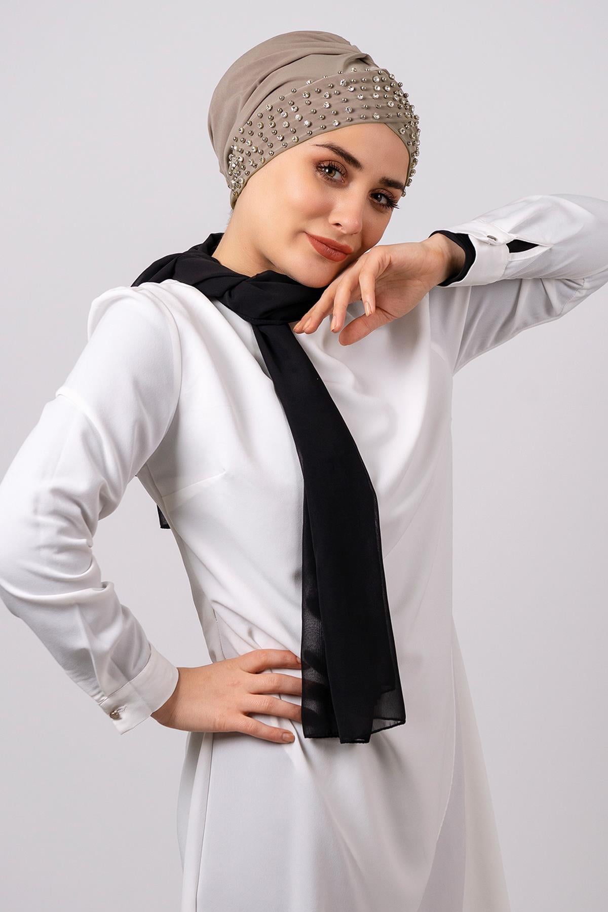 Vizon Pratik Hazır Geçmeli Tesettür Bone Sandy Kumaş Taşlı 1456_10