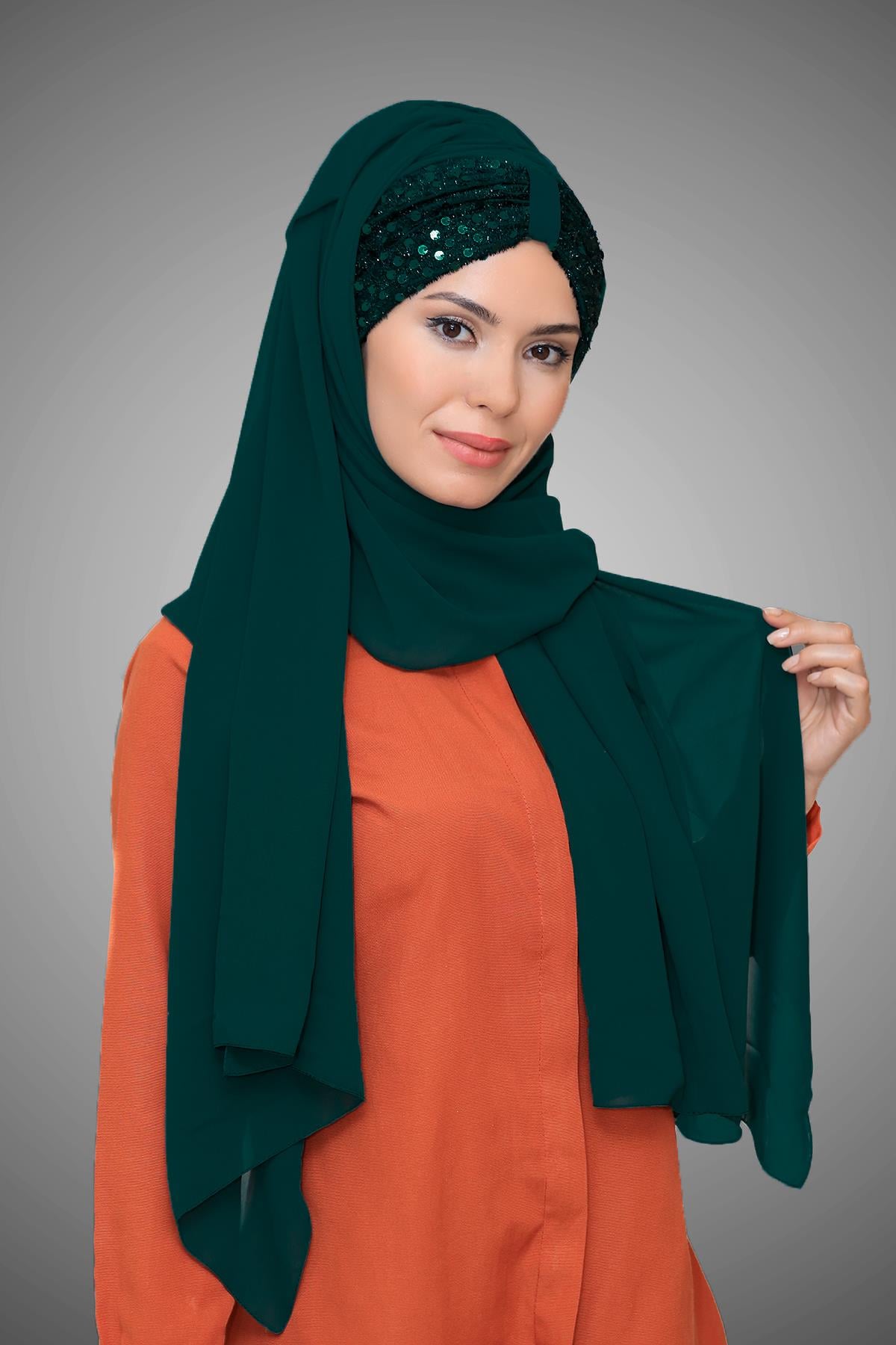 Zümrüt Arkadan Bağlamalı Şal Şifon Pullu Pileli 1914_37