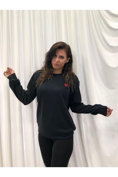 Kalp Nakışlı Bisiklet Yaka Oversize Sweatshirt (Ktn)
