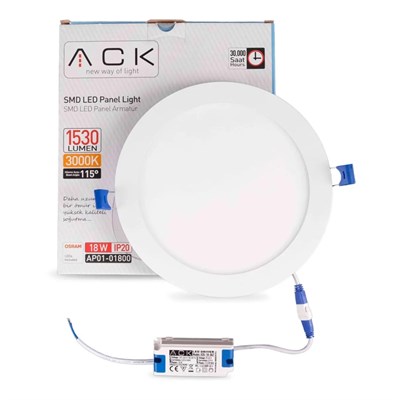 ACK 18 W Led Panel - Gün Işığı (3000K) - Beyaz Kasa - Yuvarlak - Sıva Altı - AP01-01800