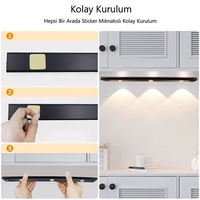 CATA Bella Sensörlü Şarjlı Yapışkanlı Kabinet Armatür - 3 Işık Rengi - CT-2464