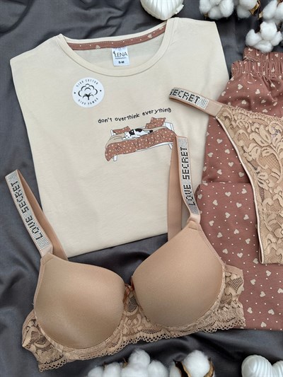 ️Kahvelim %100 Pamuk Dörtlü Pijama & Çamaşır Seti