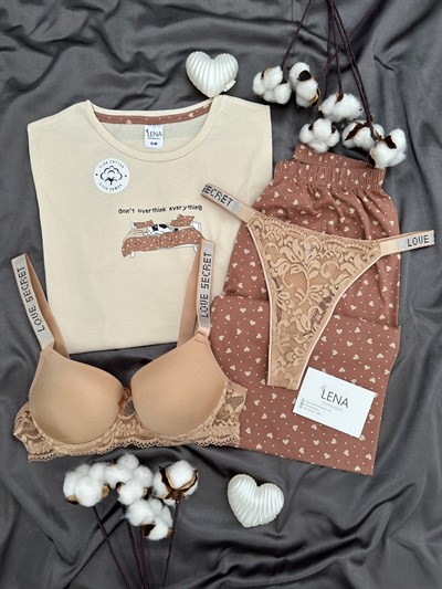️Kahvelim %100 Pamuk Dörtlü Pijama & Çamaşır Seti