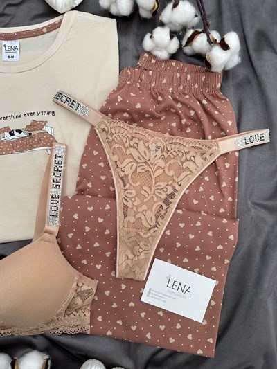 ️Kahvelim %100 Pamuk Dörtlü Pijama & Çamaşır Seti