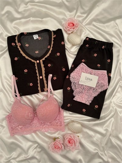  Kahverengi Gül Desenli Waffle Uzun Kollu 4lü Pijama Takımı