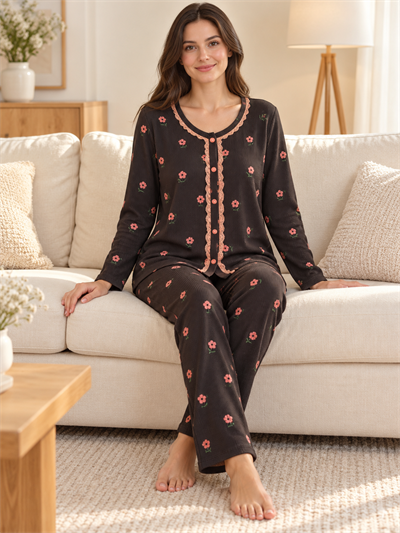  Kahverengi Gül Desenli Waffle Uzun Kollu 4lü Pijama Takımı