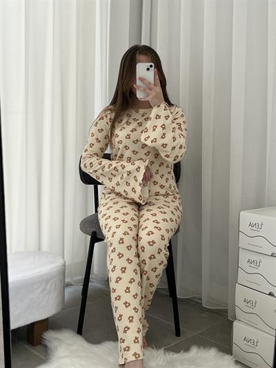 Ayıcık Desenli Bej Waffle Premium Pijama Takımı