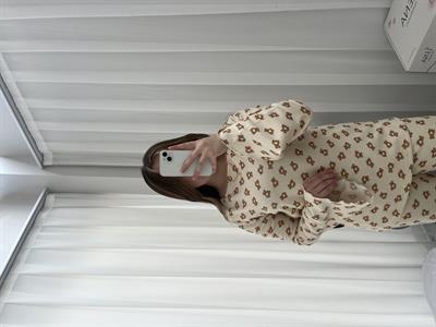 Ayıcık Desenli Bej Waffle Premium Pijama Takımı