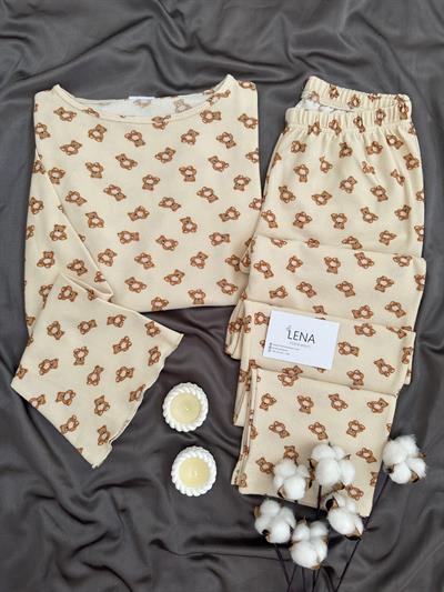 Ayıcık Desenli Bej Waffle Premium Pijama Takımı