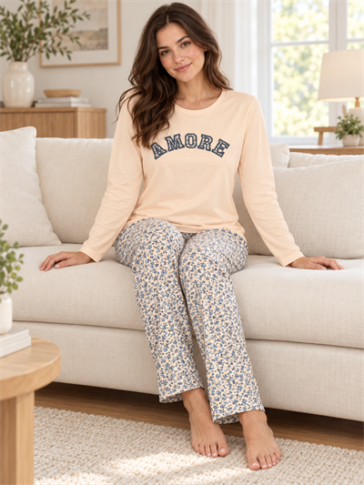 Bej Amore Pamuklu Uzun Kollu Pijama Takımı