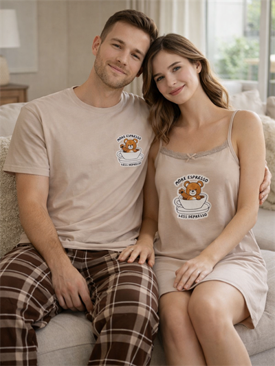 Bej Ayıcık Gecelikli Çift Pijama Takımı