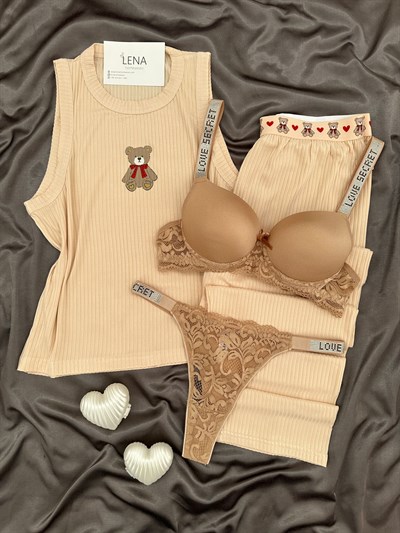 Romantik Tedy Dörtlü Pijama & Çamaşır Seti