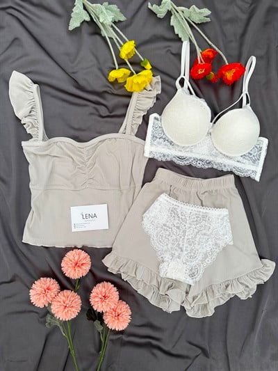 Bej Milas Şortlu Pijama & Çamaşır Seti
