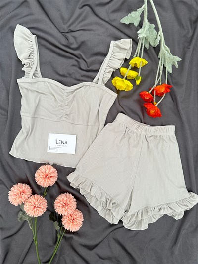 Bej Milas Şortlu Pijama Takımı
