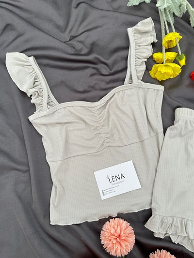Bej Milas Şortlu Pijama Takımı