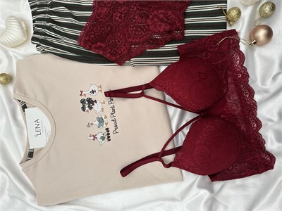 Bej Ördek Desenli Çizgili 4lü Pamuklu Pijama Takımı