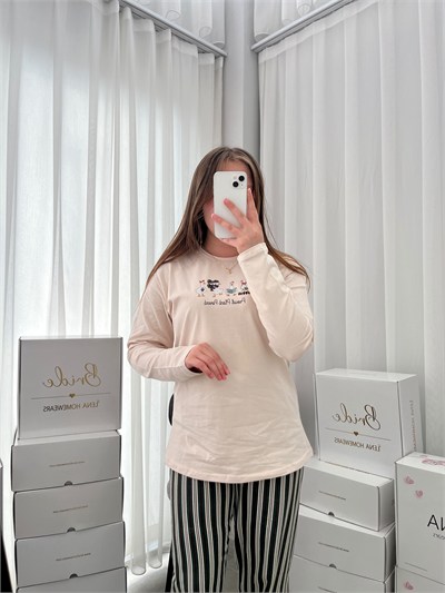 Bej Ördek Desenli Çizgili 4lü Pamuklu Pijama Takımı