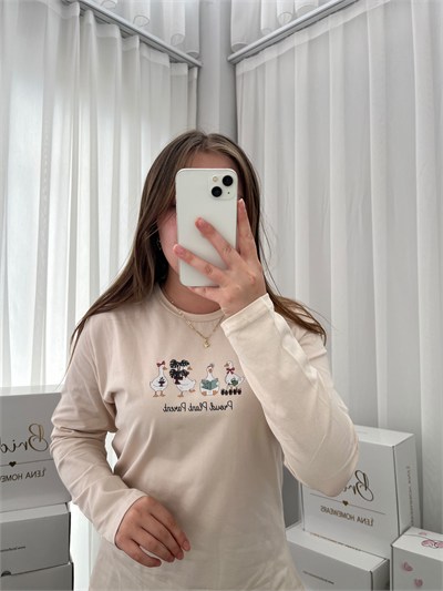 Bej Ördek Desenli Çizgili Pamuklu Pijama Takımı