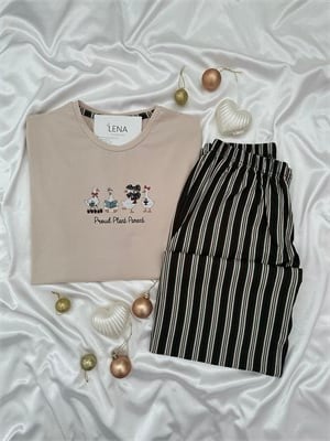 Bej Ördek Desenli Çizgili Pamuklu Pijama Takımı