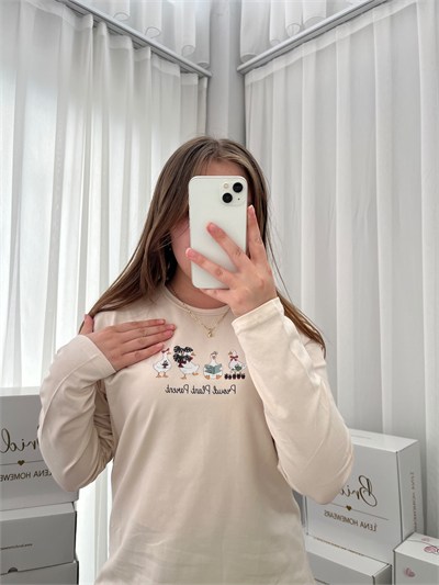Bej Ördek Desenli Çizgili Pamuklu Pijama Takımı