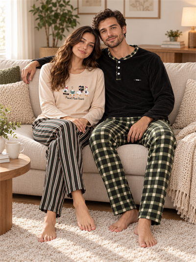Bej Ördek ve Haki Ekose Günlük Rahat Sevgili Çift Uzun Kollu Pijama Takımı (2li Set)