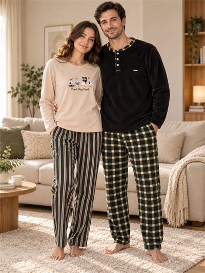 Bej Ördek ve Haki Ekose Günlük Rahat Sevgili Çift Uzun Kollu Pijama Takımı (2li Set)