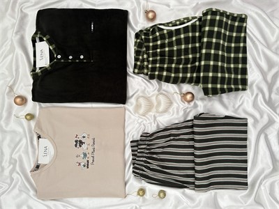 Bej Ördek ve Haki Ekose Günlük Rahat Sevgili Çift Uzun Kollu Pijama Takımı (2li Set)