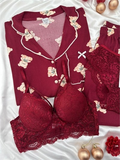 Bordo Ayıcık 4lü Pijama & Çamaşır Seti 