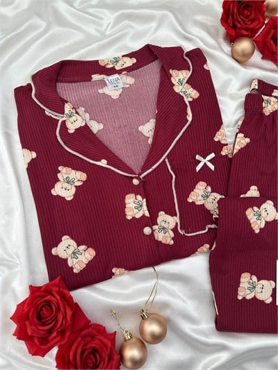 Bordo Ayıcık Uzun Kollu Termosoft Pijama Takımı