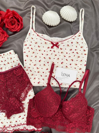 Bordo Çiçek Desenli Pamuklu 4lü Şortlu Pijama Takımı