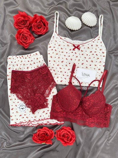 Bordo Çiçek Desenli Pamuklu 4lü Şortlu Pijama Takımı
