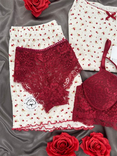 Bordo Çiçek Desenli Pamuklu 4lü Şortlu Pijama Takımı