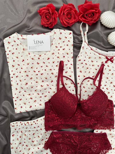 Bordo Çiçek Pamuklu 6lı Transfer Pijama Takımı