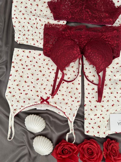 Bordo Çiçek Pamuklu 6lı Transfer Pijama Takımı