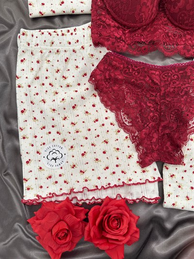 Bordo Çiçek Pamuklu 6lı Transfer Pijama Takımı