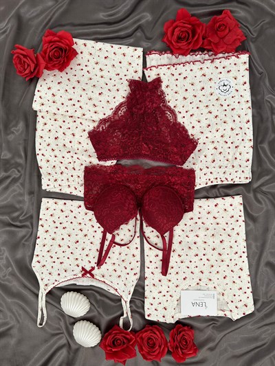 Bordo Çiçek Pamuklu 6lı Transfer Pijama Takımı