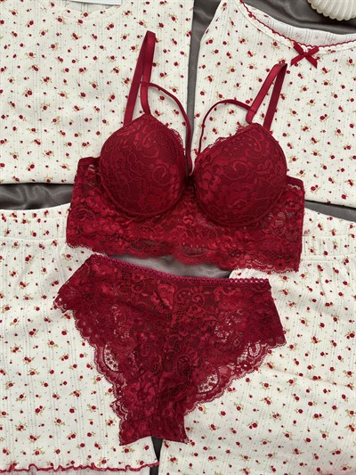 Bordo Çiçek Pamuklu 6lı Transfer Pijama Takımı